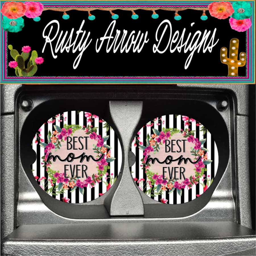 Black Stripe Best Mom Ever Set of 2 Car Coasters