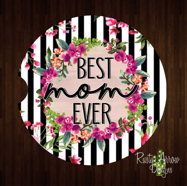 Black Stripe Best Mom Ever Set of 2 Car Coasters - Car Coasters