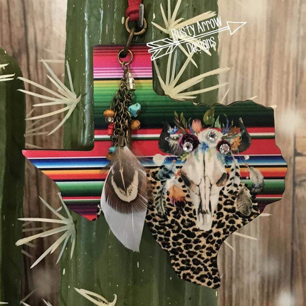 Serape Bull Skull Texas Rear View Mirror Charm Bag Tag or Christmas Ornament