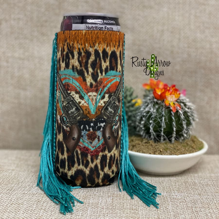 Slim Black and White Cactus with Arrow  Fringe Koozie