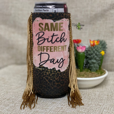 Slim Black and White Cactus with Arrow  Fringe Koozie