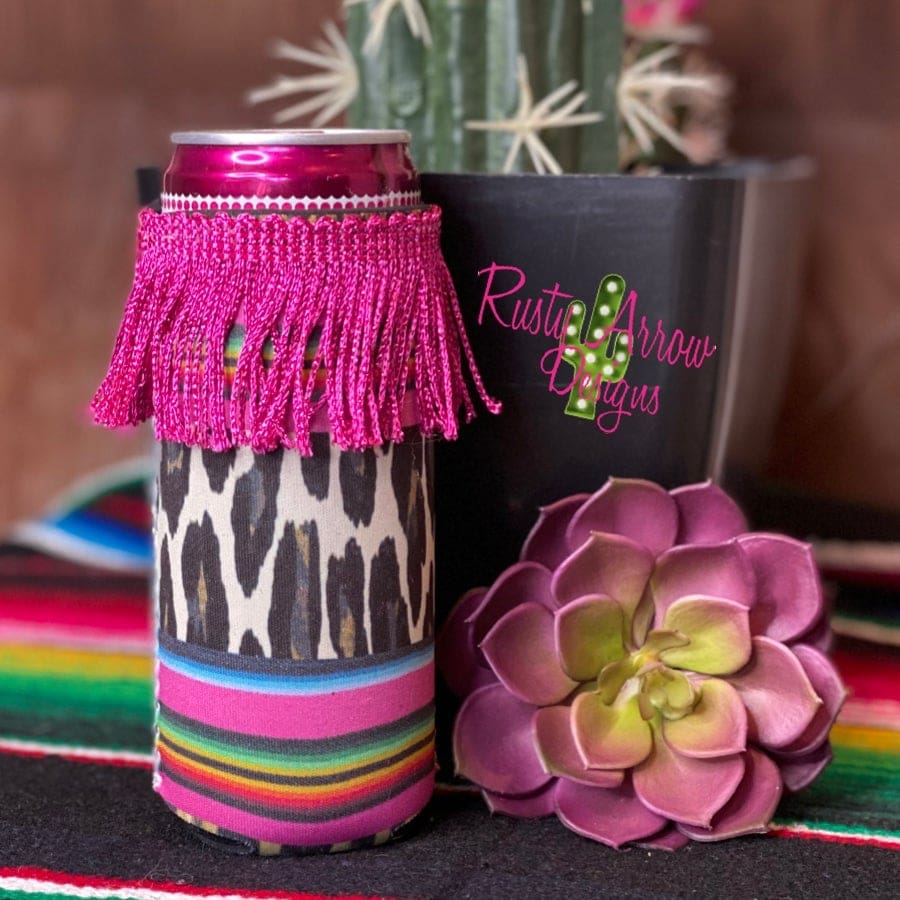 Slim Serape Cheetah Fringe Slim Can Neoprene Koozie