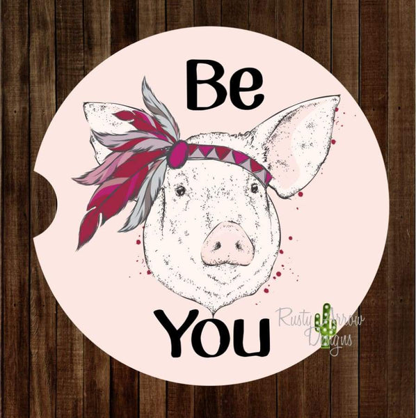 Be You Pink Headband Pig Set of 2 Car Coasters - Car Coasters