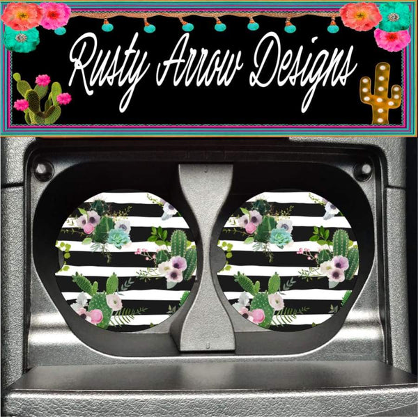 Black and White Stripe Cactus Set of 2 Car Coasters - Car Coasters