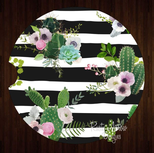 Black and White Stripe Cactus S Set of 2 Car Coasters - Car Coasters