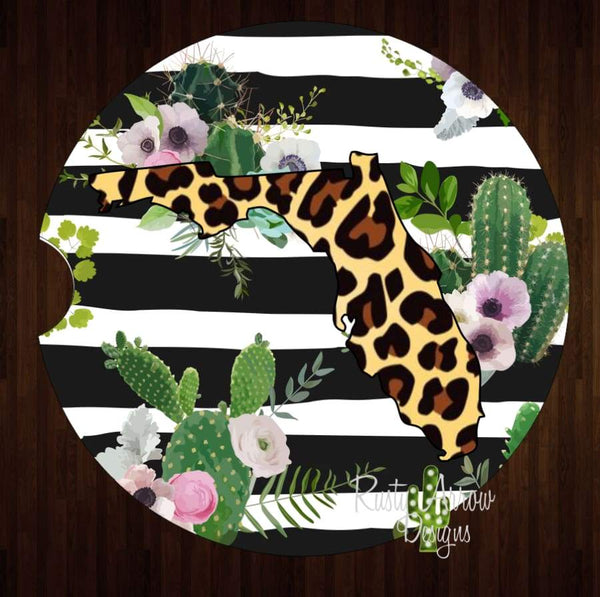 Black and White Stripe Cheetah Florida Set of 2 Car Coasters - Car Coasters