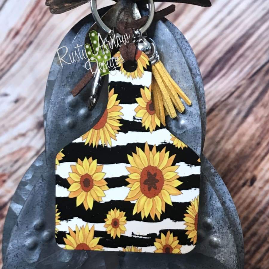 Black and White Stripe with Sunflowers Livestock Ear Tag Key Chain