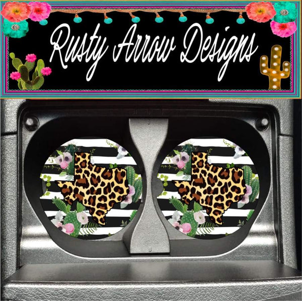 Black and White striped Cheetah Texas Set of 2 Car Coasters - Car Coasters