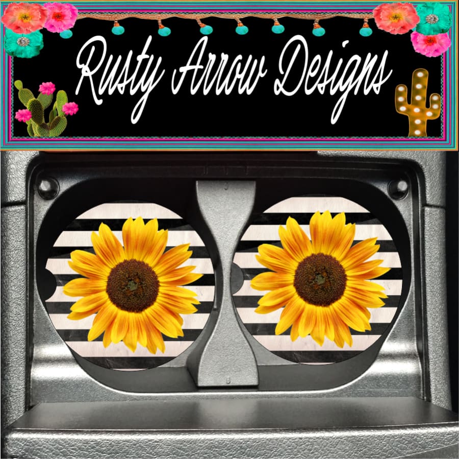 Black and White Sunflower Set of 2 Car Coasters