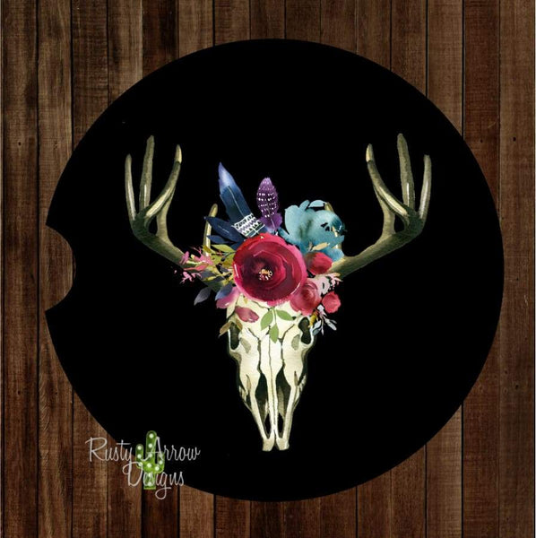 Black Deer Skull Set of 2 Car Coasters - Car Coasters