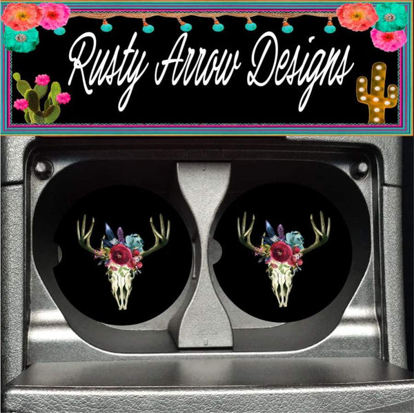 Black Deer Skull Set of 2 Car Coasters - Car Coasters