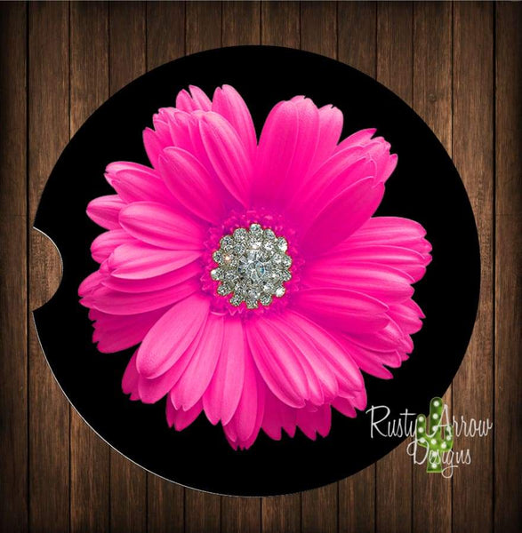 Black Hot Pink Daisy Set of 2 Car Coasters - Car Coasters