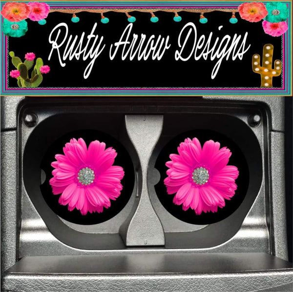 Black Hot Pink Daisy Set of 2 Car Coasters - Car Coasters