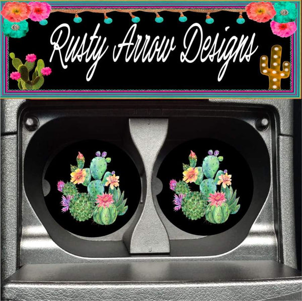 Black Neon Cactus Set of 2 Car Coasters - Car Coasters