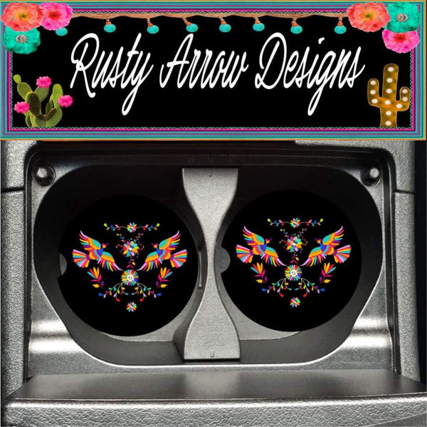 Black Otomi Bird Set of 2 Car Coasters - Car Coasters
