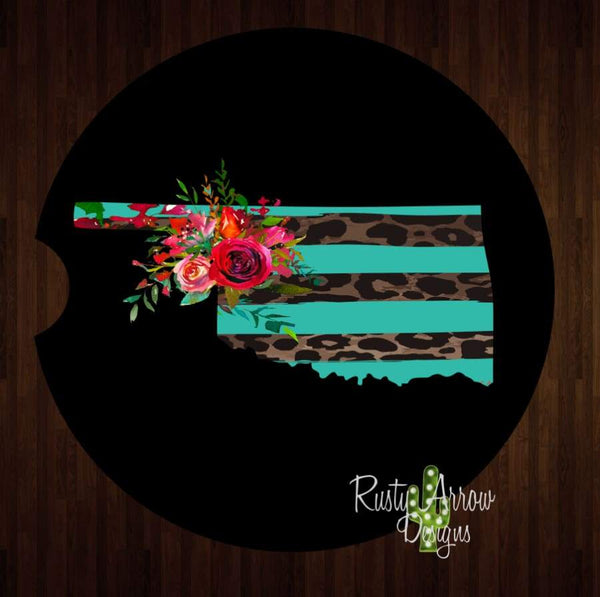 Black Turquoise Cheetah Oklahoma Set of 2 Car Coasters - Car Coasters