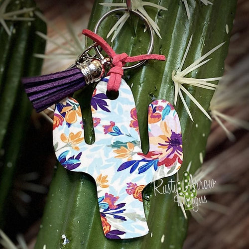 Blue and Purple Boho Flowers Cactus Key Chain