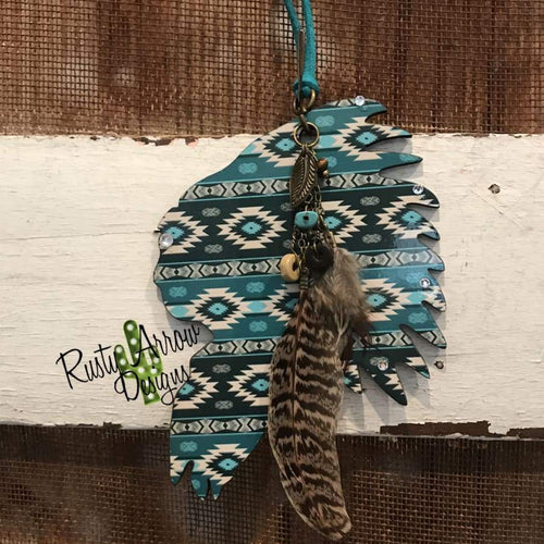 Blue Skies Indian Chief Rear View Mirror Charm Bag Tag or Christmas Ornament