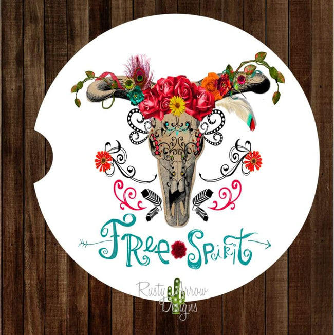 Boho Free Spirit Skull Set of 2 Car Coasters - Car Coasters
