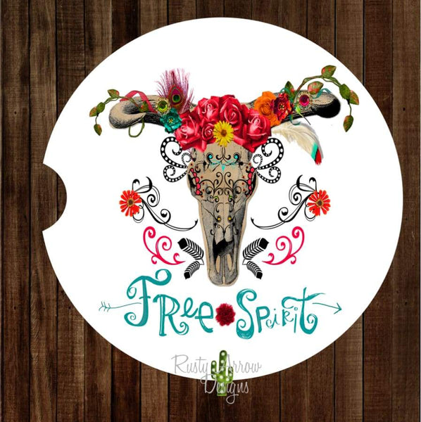 Boho Free Spirit Skull Set of 2 Car Coasters - Car Coasters