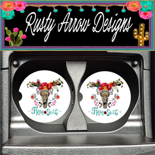 Boho Free Spirit Skull Set of 2 Car Coasters - Car Coasters