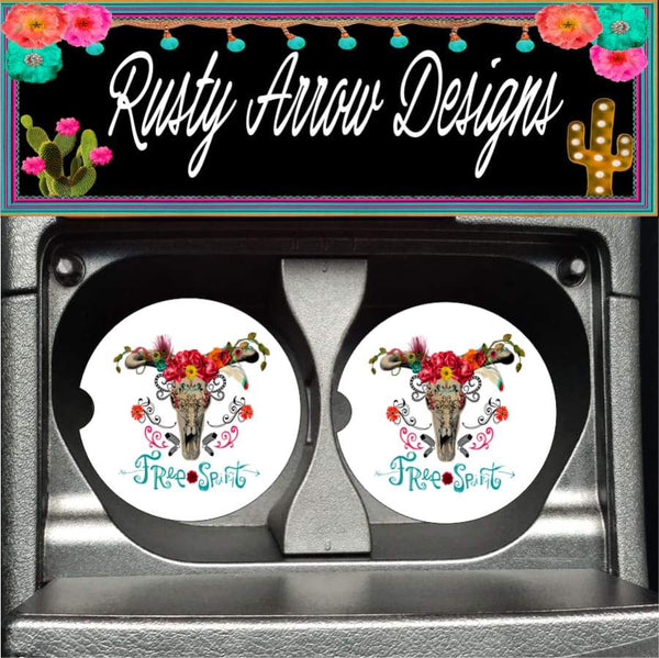 Boho Free Spirit Skull Set of 2 Car Coasters - Car Coasters