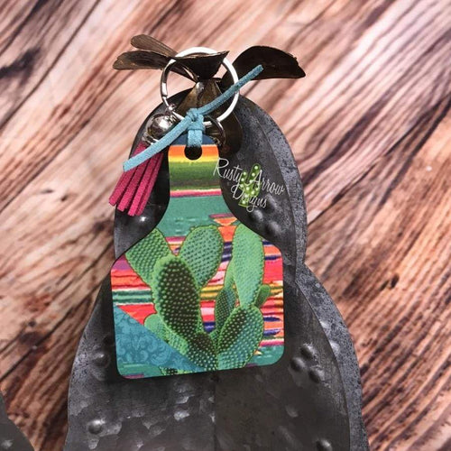 Bright Serape Cactus Livestock Ear Tag Key Chain