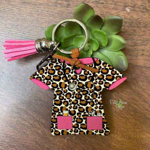Brown Cheetah with Pink Nurse Scrub Key chain