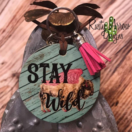 Buffalo Stay Wild Round Wood Key Chain