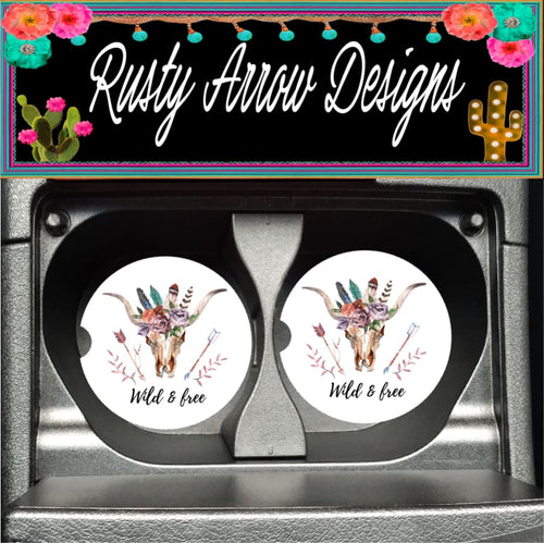 Bull Skull with Feathers and Arrows Wild and Free Set of 2 Car Coasters - Car Coasters