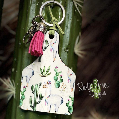 Cactus and Llamas Livestock Ear Tag Key Chain