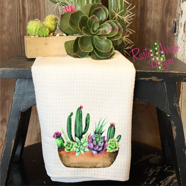 Cactus and Purple Succulents Pot Waffle Weave Tea Towel