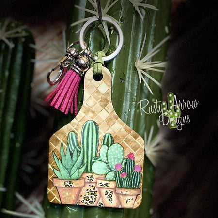 Cheetah With Cactus Plant Livestock Ear Tag Key Chain