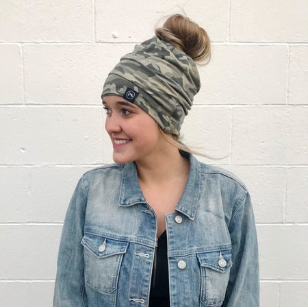 CC Ponytail Black and Cheetah Beanie with Patch