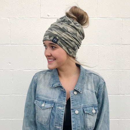 Red and Blue Plaid Peek-A-Boo Messy Bun Beanies