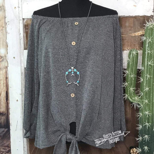 Charcoal Gray Button front off the shoulders top - Tee Shirt