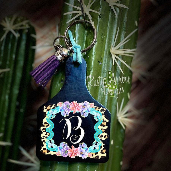 Cheetah and Flowers Monogram Livestock Cattle Ear Tag - Cattle Ear Tag Keychain