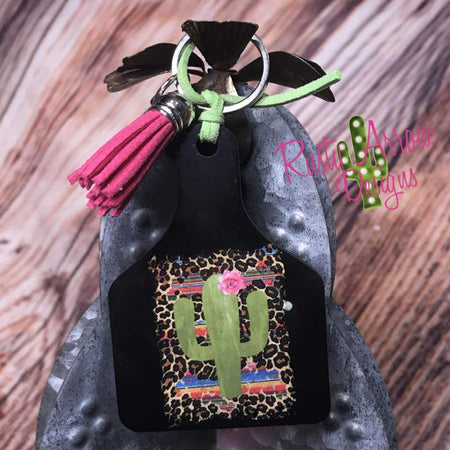 Cheetah With Cactus Plant Livestock Ear Tag Key Chain
