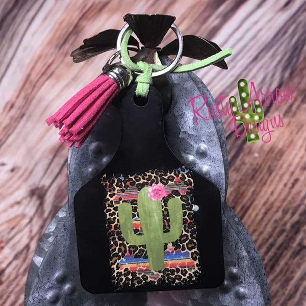 Cheetah and Serape Cactus Ear Tag Key chain