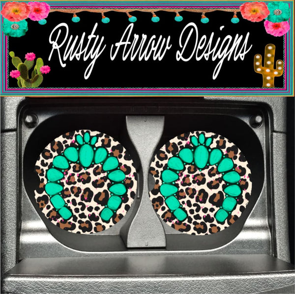 Cheetah and Turquoise Squash Set of 2 Car Coasters - Car Coasters