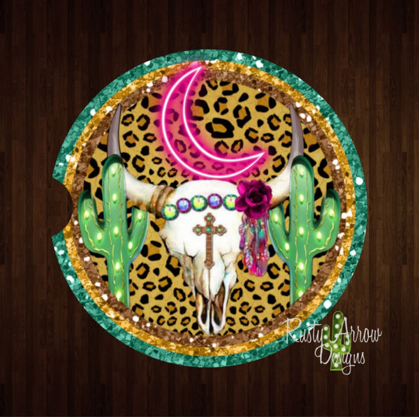 Cheetah Cactus Bull Skull Set of 2 Car Coasters - Car Coasters