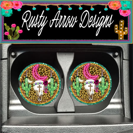 Sugar Skull Black Set of 2 Car Coasters