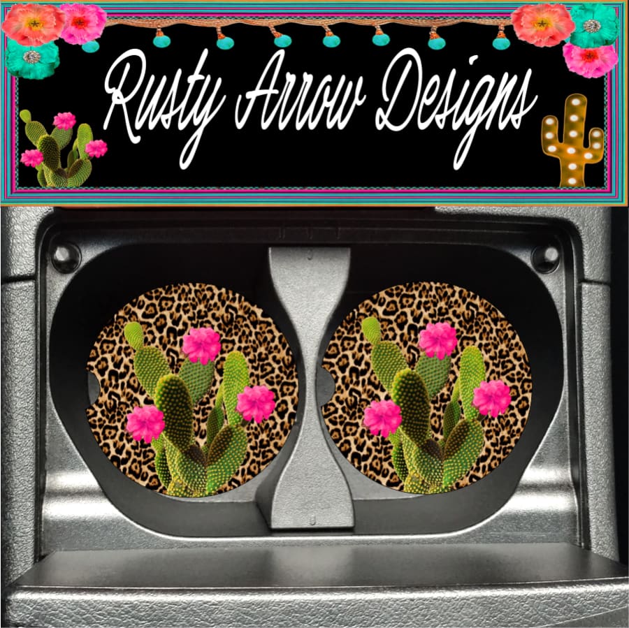 Cheetah Cactus Set of 2 Car Coasters