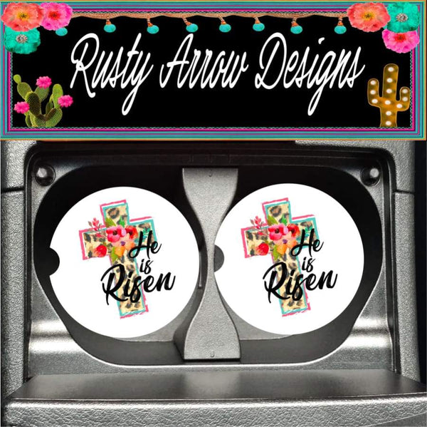 Cheetah Cross He Is Risen Set of 2 Car Coasters - Car Coasters
