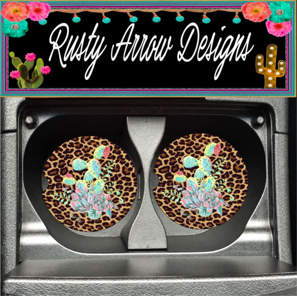 Cheetah Neon Cactus Set of 2 Car Coasters - Car Coasters