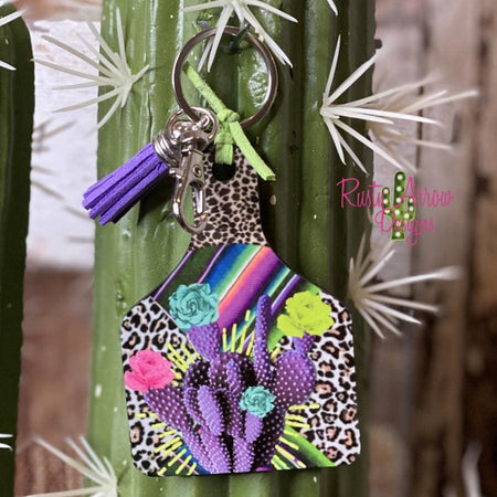 Cheetah With Cactus Plant Livestock Ear Tag Key Chain