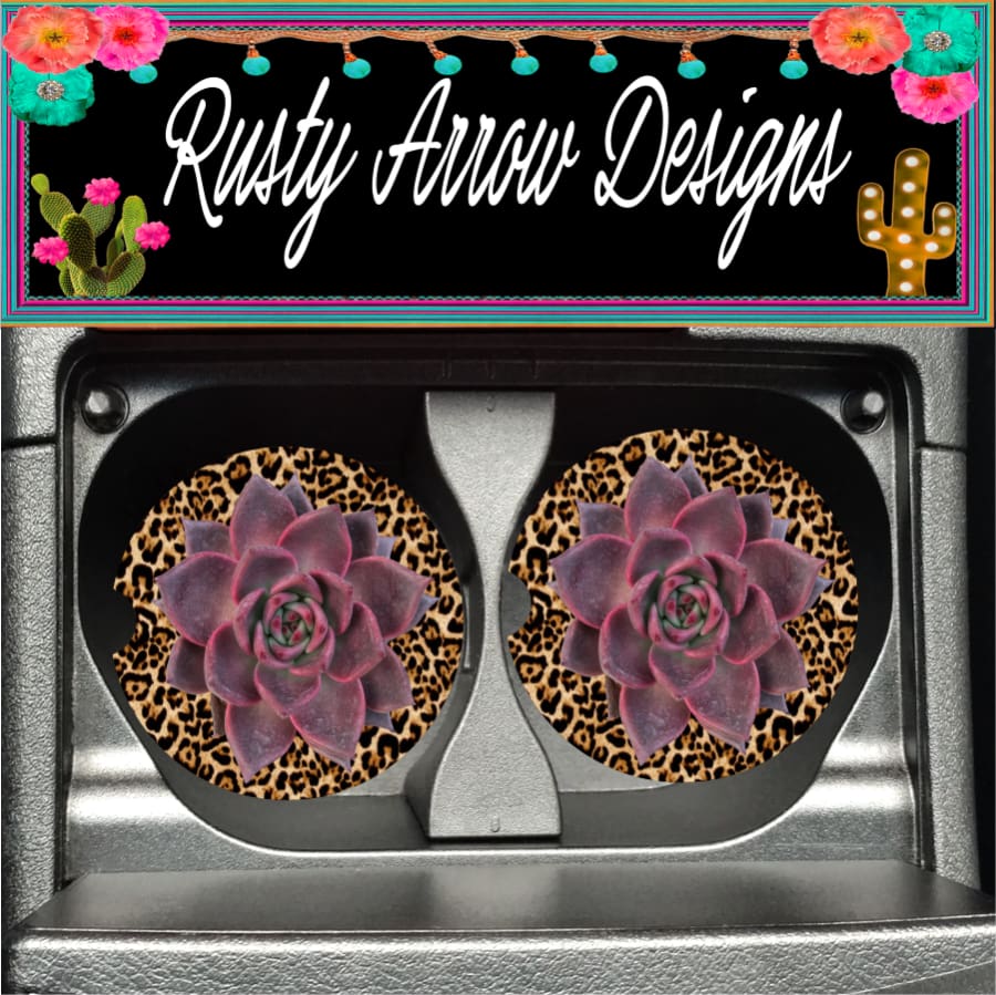 Cheetah Purple Succulent  Set of 2 Car Coasters