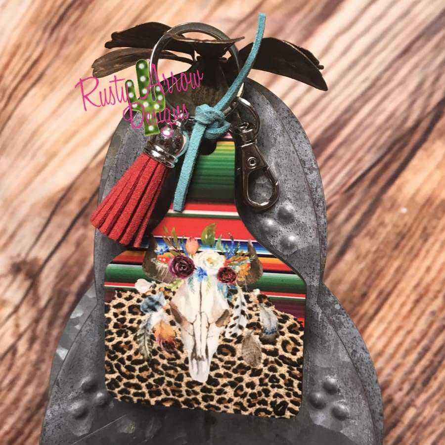 Cheetah Serape Bull Ear Tag Key chain