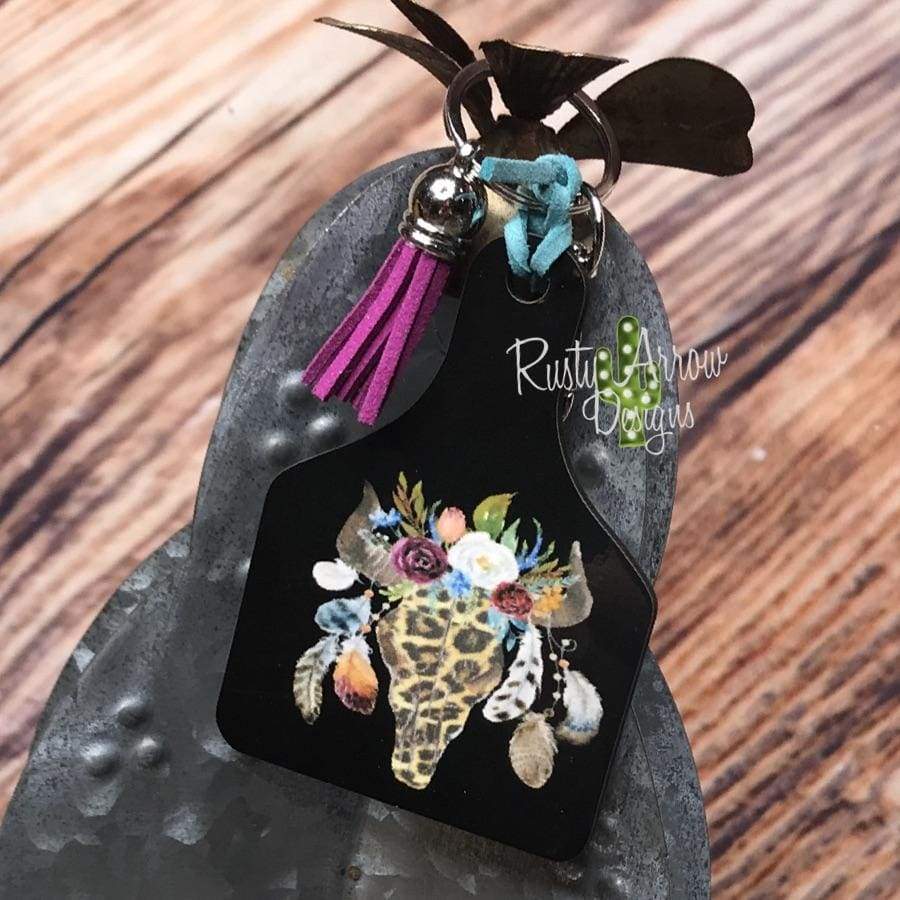 Cheetah Steer Head Livestock Ear Tag Key Chain