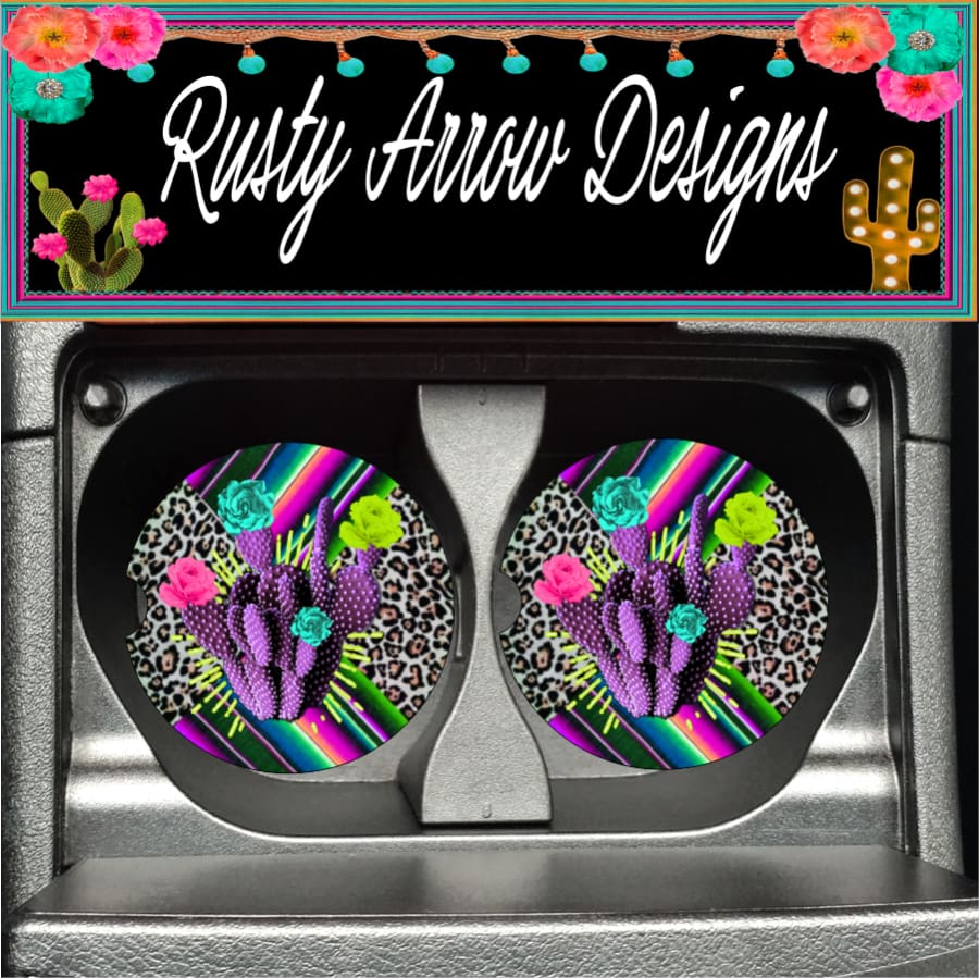 Cheetah with Purple Cactus Set of 2 Car Coasters